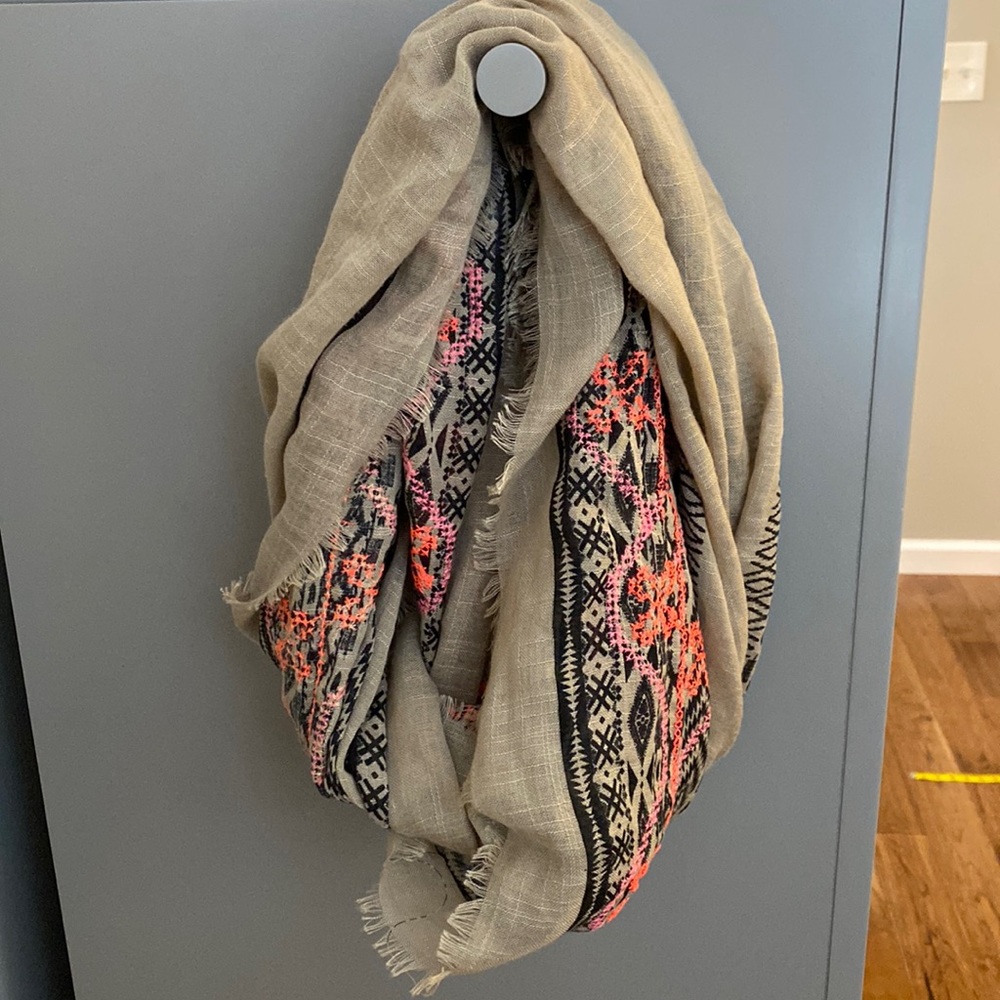 Beige Infinity Scarf with Neon Geometric Embroidery